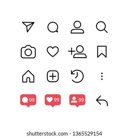 Social media interface set buttons, linear vector icons.