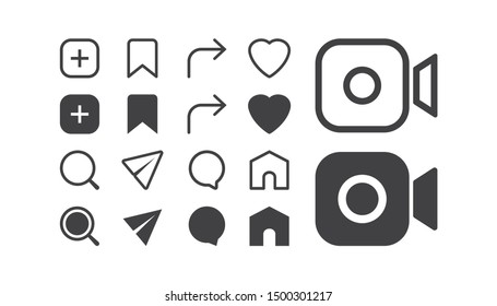 Social media interface set buttons, linear vector icons.