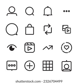 Botones de ajuste de interfaz de medios sociales, iconos: usuario, notificación, otro, comentario, bloqueo, repost, espectadores, tambores, publicidad, historia de amor, etiqueta, etc. medio social icono, ilustración vectorial. aplicación 