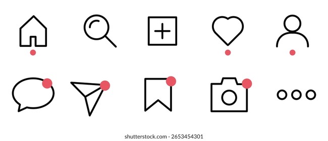 Social media interface set buttons. Home, search, add, love, user, comment, send, save, camera, menu line icon vector 