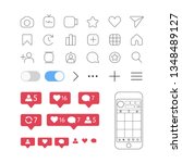 Social media interface set outline buttons elements instagram icons: like share home comment add turn on turn off search video photo tv save rate home. smart phone instagram mock up
