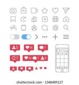 Social Media Interface Set Outline Buttons Elements, Instagram Icons: Like, Share, Home, Comment, Add, Turn On, Turn Off, Search, Video, Photo, Tv, Save, Rate, Home. Iphone Instagram Mock Up 