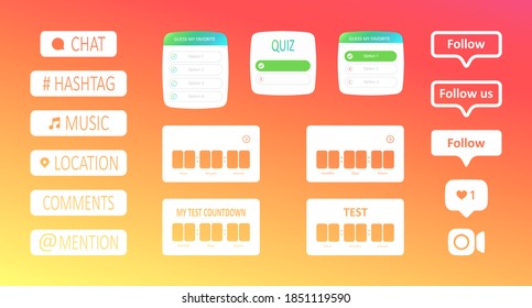 Social media interface stickers, stories social media icons. A large set of white buttons and stickers with a countdown, for the design of stories, stream, blogs. Vector illustration