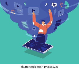 Social media and internet addiction vector concept, Man into media cyclone illustration concept vector