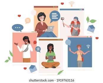 Social media and internet communication vector flat illustration. Mobile screens with happy people speaking on smartphones, making photos or videos, chatting, and searching on the internet.