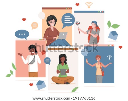 Social media and internet communication vector flat illustration. Mobile screens with happy people speaking on smartphones, making photos or videos, chatting, and searching on the internet.