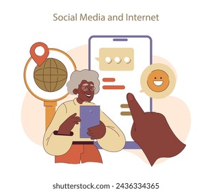 Social Media and Internet concept. Senior woman embracing digital life, connecting globally through modern technology. Enjoying the ease of online communication.