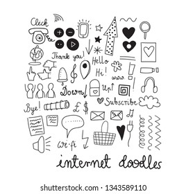 social media and internet doodling hand drawn icons. web pencil doodles