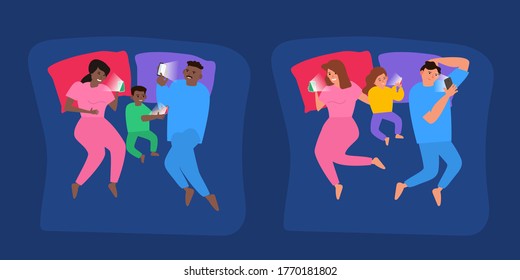 social media internet gadget  addiction family lying in bed at night with  smartphones vector illustration