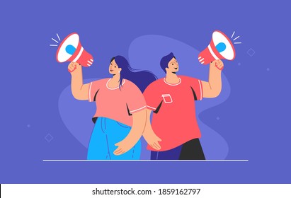 Social media and internet marketing loudspeaker banner. Flat line vector illustration of cute couple standing and shouting with red megaphone. Marketing announcement promo alert on purple background