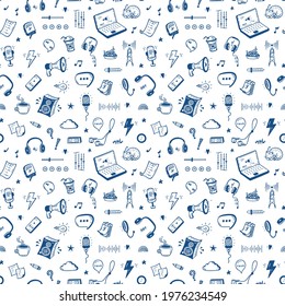 Social media, Internet, Podcast Show Hand drawn Doodle Icons Vector Seamless Pattern. Blue White Background with Different Podcast Equipment and Items. Workplace of Radio Host or Blogger.