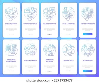 Social media involvement blue gradient onboarding mobile app screen set. Walkthrough 5 steps graphic instructions with linear concepts. UI, UX, GUI template. Myriad Pro-Bold, Regular fonts used
