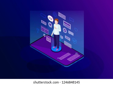 Social media isometric color vector illustration. Person using smartphone. Online communication. SMM. Blogging. Messenger. Future marketing. User technical support. Webpage, mobile app 3d concept