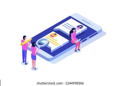 Social media isometric concept with characters. Landing page template. Vector illustration