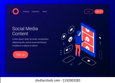 Social media isometric concept. Man watches videos from YouTube through a smartphone screen. Flat 3d style. Landing page template. Vector illustration.