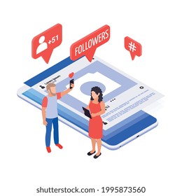 Social media isometric concept with notification icons smartphone and characters of followers vector illustration