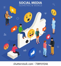 Social media isometric concept. Young people communicate with each other. Social networking and blogging. Flat design of guys and women near big symbol.