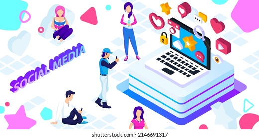 Social media isometric design icon. Vector web illustration. 3d colorful concept