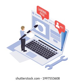 Social media isometric icon with character creating landing page 3d vector illustration