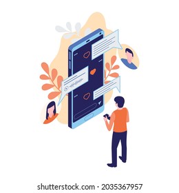 Social media isometric icon with characters sending text and voice messages 3d vector illustration
