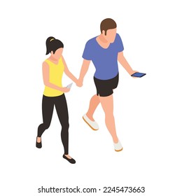 Social media isometric icon with couple walking and using smartphones vector illustration