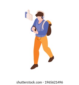 Social media isometric icon with man with smartphone and like icon vector illustration