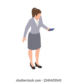 Social media isometric icon with woman using smartphone 3d vector illustration