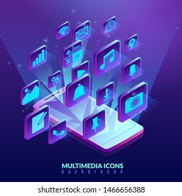 Iconos isométricos de los medios sociales salen del teléfono en un fondo oscuro. Firmas y símbolos de aplicaciones móviles. Iconos brillantes de neón fluorescente resplandor. Para el diseño de aplicaciones web y móviles