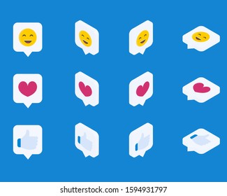 Social media isometric icons set. Interface modern elements. Likes and Smile collection isolated on the blue background.