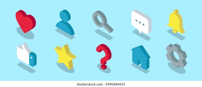 Social media Isometric icons in vector. User profile and communication symbols in 3d. Notification, chat, star and more signs for mobile application