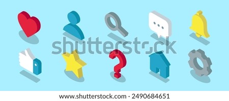 Social media Isometric icons in vector. User profile and communication symbols in 3d. Notification, chat, star and more signs for mobile application
