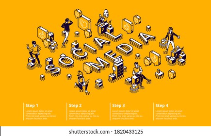 Social media isometric infographic concept with tiny characters using gadgets, working on computer, communicate and chatting in internet networks around huge smartphone 3d vector line art infographics