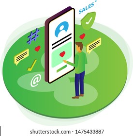 Social Media Isometric Modern Illustration Vector with Phone, Loves, Likes, Check and Chatting