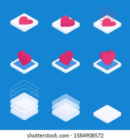 Social media isometric set. Interface modern elements: block, button, like. Likes isomateric collection isolated on the blue background.