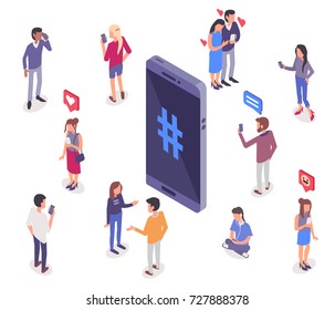 Social media isometry concept with people.  Flat   style  isometric vector illustration isolated on white background.