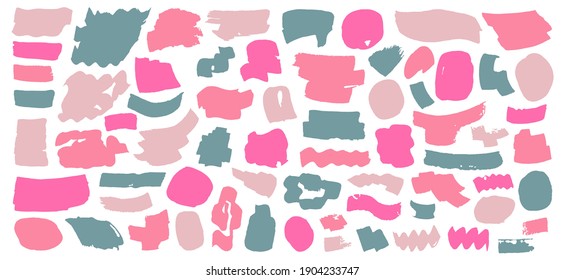 Social media label brush stroke backgrounds, paint or ink smudges vector for tags and stamps design. Painted label backgrounds patch. Color combinations catalog elements. Ink smudges, stains, spots.
