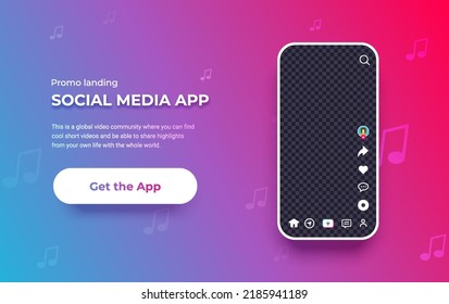 Social media landing concept, tiktok mobile phone app interface with icons and transparent space for photo or video. Promo site screen with text and button for present your app. 3D vector illustration