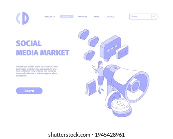 Social media landing. Internet connection business communication marketing symbols garish vector illustrations flat icons set