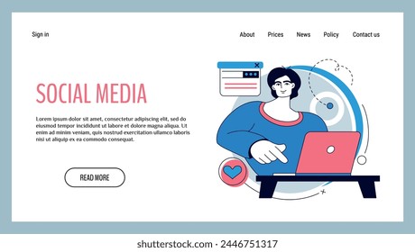 Social media landing page. Blog creation. Creative blogger. Website template design. Digital content. Online messenger. Man sending web messages. Internet communication technology. Vector background