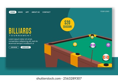 Social Media Landing Page Design Featuring Billiards Game in Flat Cartoon Style