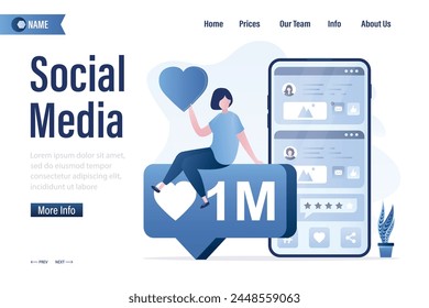 Social media, landing page template. Happy female blogger with lots of likes and hearts. Smartphone, social network page on screen. Woman blogger, influencer sitting on speech bubble. Flat vector