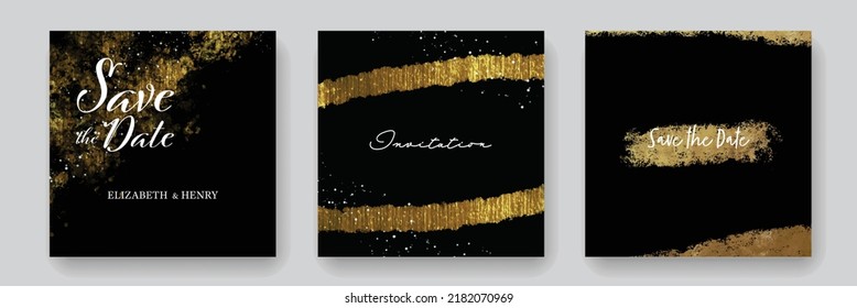 Social media layouts for wedding invitation, gold vector elements, white and dark contrast, metallic texture, luxury engagement cards, editable templates, abstract golden accent