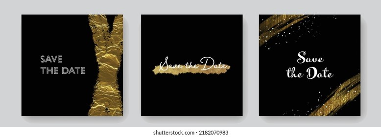 Social media layouts for wedding invitation, gold vector elements, white and dark contrast, metallic texture, luxury engagement cards, editable templates, abstract golden accent