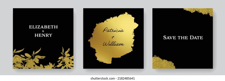 Social media layouts for wedding invitation, gold vector elements, white and dark contrast, metallic texture, luxury engagement cards, editable templates, abstract golden accent