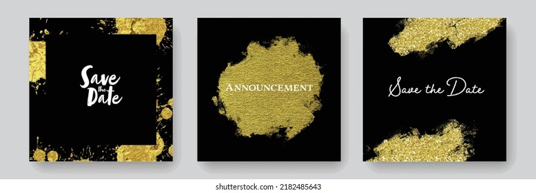 Social media layouts for wedding invitation, gold vector elements, white and dark contrast, metallic texture, luxury engagement cards, editable templates, abstract golden accent