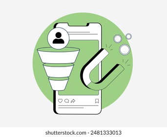 Lead-Generierung in sozialen Medien - Sammeln neuer Leads, Erweitern der Reichweite und Erhöhen der Einbindung der Zielgruppe. Bleimagnet-Angebote mit gezielten Anzeigen. Verkaufstrichter, Social Media Analytics Vektorillustration