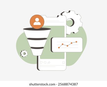 Social media lead generation with user interactions, conversion funnels and analytics. Boosting engagement, collecting leads and enhancing social media online marketing strategies vector illustration