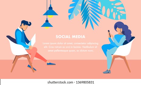 Social Media Leisure Flat Vector Banner Template. Man with Laptop and Woman Holding Smartphone Cartoon Characters. People Sitting in Armchairs. Internet Lifestyle, Rest Illustration with Text Space