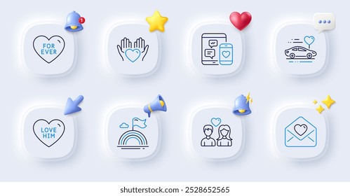 Social media, Lgbt and Hold heart line icons. Buttons with 3d bell, chat speech, cursor. Pack of Love letter, Love him, For ever icon. Honeymoon travel pictogram. For web app, printing. Vector