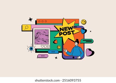 Social media life concept in the flat cartoon style. Bright illustration of a social media post showing colorful graphics with icons of hearts, comments and messages. Vector illustration.